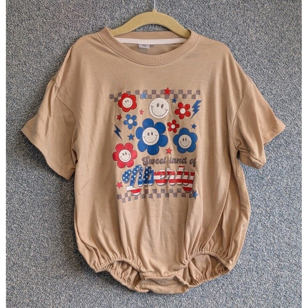 Blanksful Girls Size 2T Sweet Land Of Liberty Tan Red White Blue Bubble Bodysuit